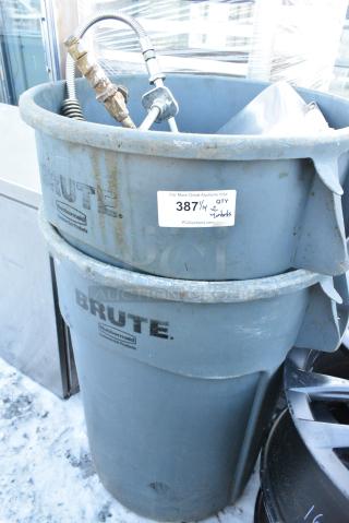 2 Rubbermaid Brute Gray Poly Trash Cans w/ Contents. 2 Times Your Bid!