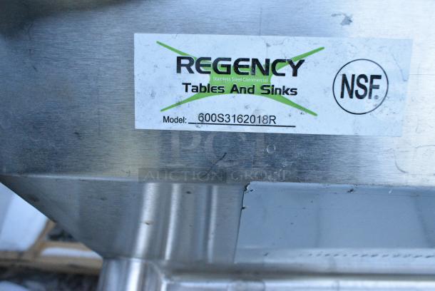 BRAND NEW SCRATCH AND DENT! Regency 600S3162018R 88" 16 Gauge Stainless Steel Three Compartment Commercial Sink with Galvanized Steel Legs and 2 Drainboards - 16" x 20" x 12" Bowls. No Legs. - Image 3 of 3