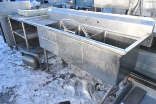 Stainless Steel 3 Bay Sink w/ Left Side Drain Board, Handles and Spray Nozzle Attachment.