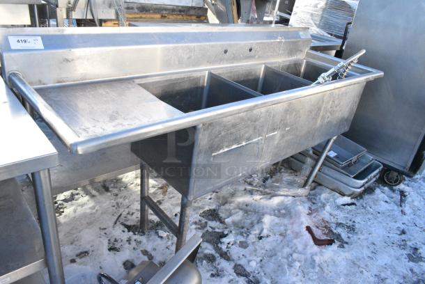 Stainless Steel 3 Bay Sink w/ Left Side Drain Board, Handles and Spray Nozzle Attachment. - Image 2 of 4