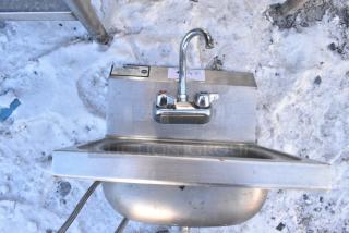 Krowne HS-2 Stainless Steel Single Bay Wall Mount Sink w/ Faucet and Handles.