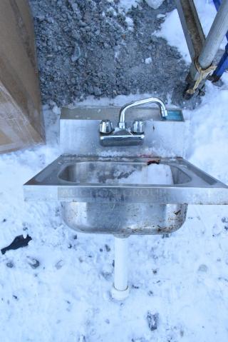 Stainless Steel Single Bay Wall Mount Sink w/ Faucet and Handles.