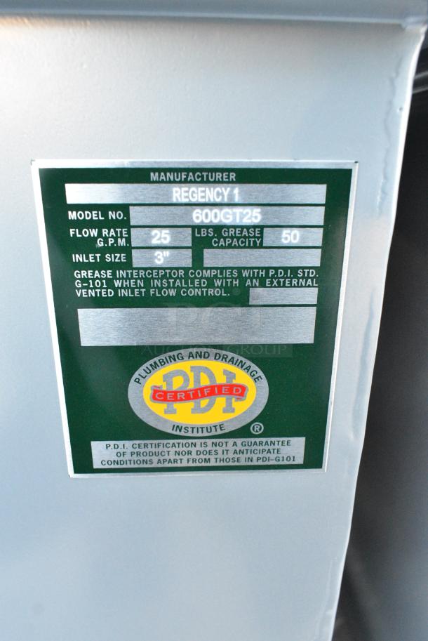 BRAND NEW SCRATCH AND DENT! Regency 600GT25 50 lb. 25 GPM Grease Trap with 3" Non-Threaded Connections - Image 4 of 5