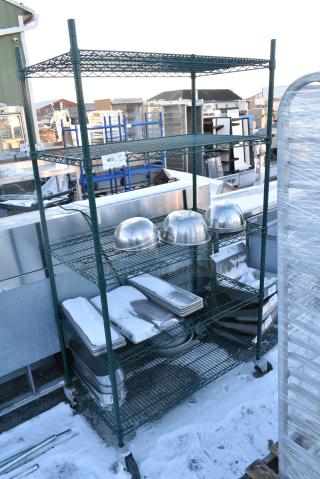 Green Finish 5 Tier Wire Shelving Unit on Commercial Casters w/ Contents Including Metal Bowls. BUYER MUST DISMANTLE. PCI CANNOT DISMANTLE FOR SHIPPING. PLEASE CONSIDER FREIGHT CHARGES.