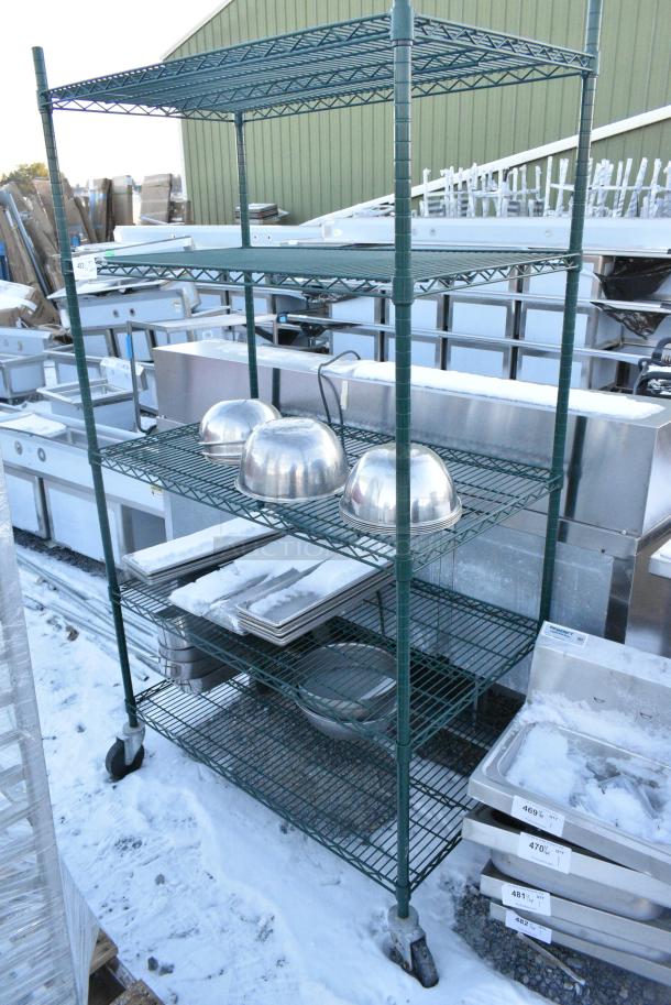 Green Finish 5 Tier Wire Shelving Unit on Commercial Casters w/ Contents Including Metal Bowls. BUYER MUST DISMANTLE. PCI CANNOT DISMANTLE FOR SHIPPING. PLEASE CONSIDER FREIGHT CHARGES. - Image 2 of 5