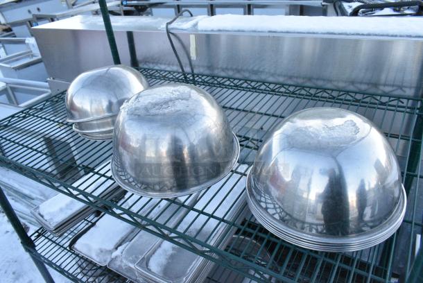 Green Finish 5 Tier Wire Shelving Unit on Commercial Casters w/ Contents Including Metal Bowls. BUYER MUST DISMANTLE. PCI CANNOT DISMANTLE FOR SHIPPING. PLEASE CONSIDER FREIGHT CHARGES. - Image 3 of 5