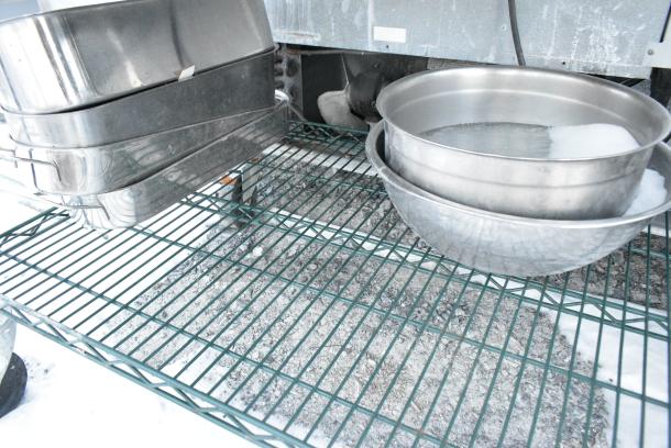 Green Finish 5 Tier Wire Shelving Unit on Commercial Casters w/ Contents Including Metal Bowls. BUYER MUST DISMANTLE. PCI CANNOT DISMANTLE FOR SHIPPING. PLEASE CONSIDER FREIGHT CHARGES. - Image 5 of 5