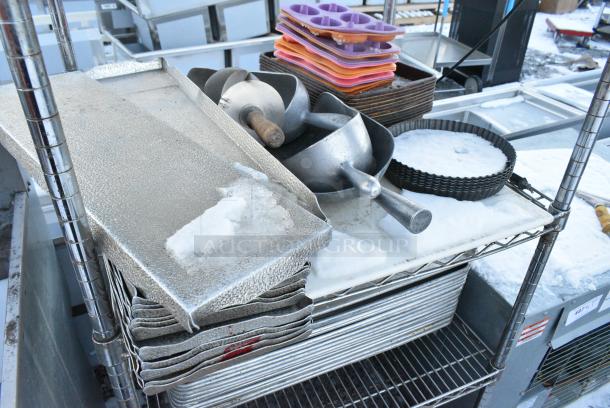 Chrome Finish 5 Tier Wire Shelving Unit on w/ Contents Including Metal Baking Pans and Fan. BUYER MUST DISMANTLE. PCI CANNOT DISMANTLE FOR SHIPPING. PLEASE CONSIDER FREIGHT CHARGES. - Image 4 of 5