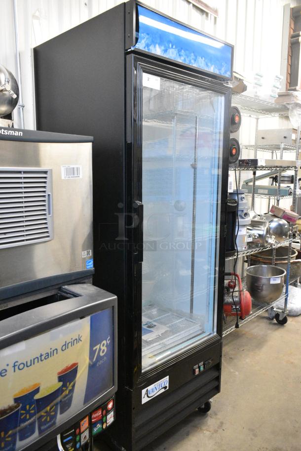 BRAND NEW SCRATCH AND DENT! 2023 Avantco 178GDC23HCB 28 3/8" Black Customizable Swing Glass Door Merchandiser Refrigerator with LED Lighting and Poly Coated Racks on Commercial Casters. 115 Volts, 1 Phase. Tested and Working! - Image 1 of 10