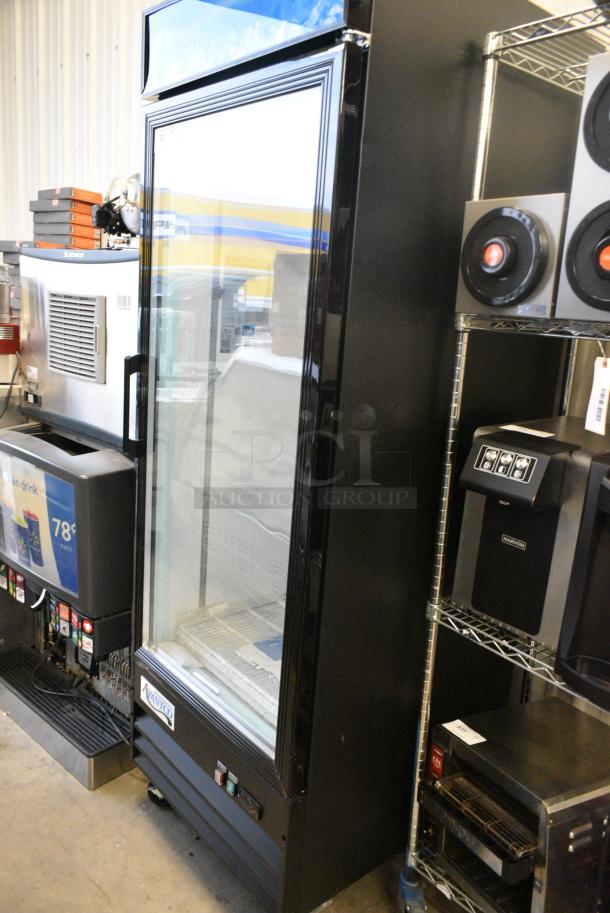 BRAND NEW SCRATCH AND DENT! 2023 Avantco 178GDC23HCB 28 3/8" Black Customizable Swing Glass Door Merchandiser Refrigerator with LED Lighting and Poly Coated Racks on Commercial Casters. 115 Volts, 1 Phase. Tested and Working! - Image 6 of 10