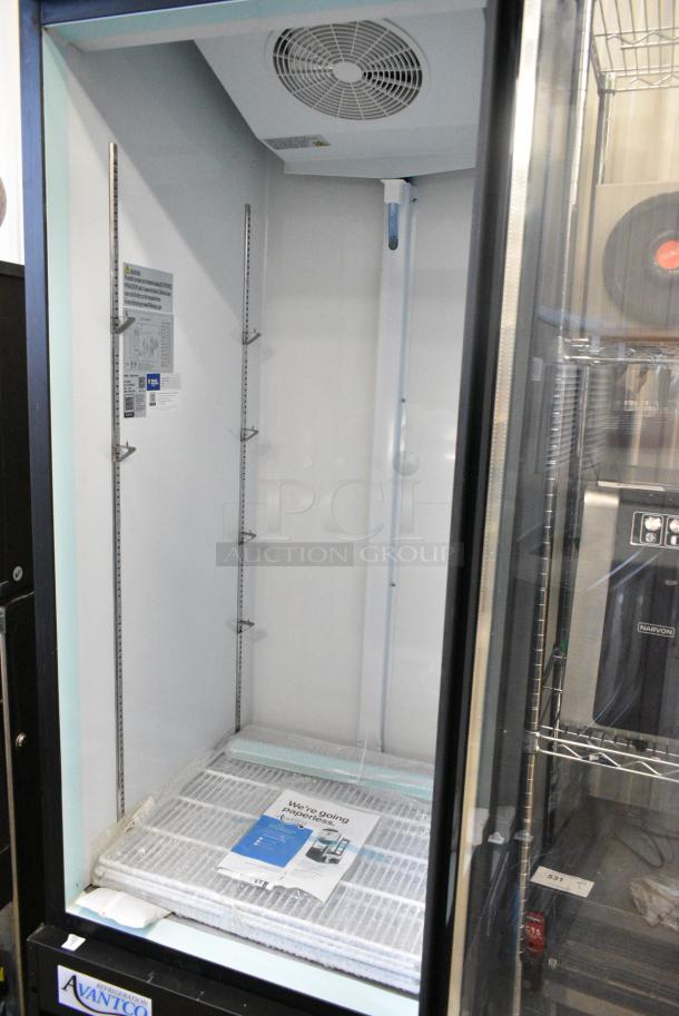BRAND NEW SCRATCH AND DENT! 2023 Avantco 178GDC23HCB 28 3/8" Black Customizable Swing Glass Door Merchandiser Refrigerator with LED Lighting and Poly Coated Racks on Commercial Casters. 115 Volts, 1 Phase. Tested and Working! - Image 9 of 10