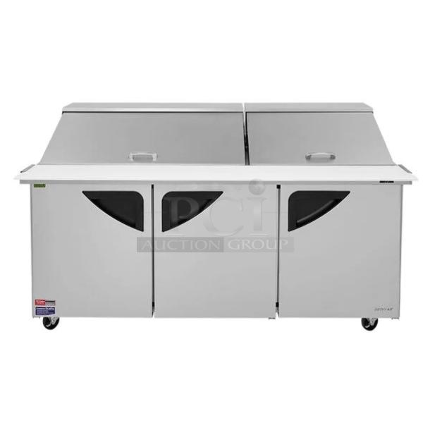 BRAND NEW! IN THE BOX! Turbo Air Super Deluxe Series Commercial Stainless Steel 3 Door Refrigerated Bain Marie Style Mega Top Sald/Sandwich Prep Table! With Poly Coated Wire Racks! With Clear Polycarbonate Food Pans! With Full Length Removable Cutting Board! Model: TST-72SD-30-N SN: H2KM730I30214! 115V 1 Phase! With Casters! - Image 1 of 14