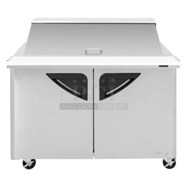 BRAND NEW! IN THE BOX! Turbo Air Super Deluxe Series Commercial Stainless Steel 2 Door Refrigerated Bain Marie Style Mega Top Sald/Sandwich Prep Table! With Chrome Plated Wire Racks! With Full Length Removable Cutting Board! With Clear Polycarbonate Food Pans! Model: TST-48SD-18-N SN: H2VTM4RI9002! 115V 1 Phase! With Casters! - Image 1 of 15
