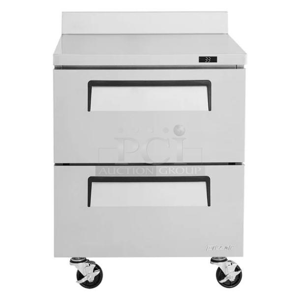 BRAND NEW! IN THE BOX! Turbo Air Super Deluxe Series Commercial Stainless Steel 2 Drawer Refrigerated Worktop Cooler! With Back Splash! Model: TWR-28SD-D2-N SN: H2VTW2RD219002! 115V 1 Phase! With Casters! - Image 1 of 14