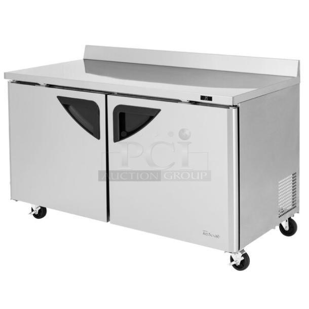 BRAND NEW! IN THE BOX! Turbo Air Super Deluxe Series Commercial Stainless Steel 2 Door Refrigerated Worktop Cooler! With Back Splash! With Chrome Plated Wire Racks! With Lock & Keys! Model: TWR-60SD-N SN: H2VTU6RI1005! 115V 1 Phase! With Casters! - Image 1 of 12