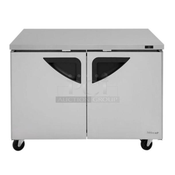 BRAND NEW! IN THE BOX! Turbo Air Super Deluxe Series Commercial Stainless Steel 2 Door Undercounter Reach In Refrigerator! With Chrome Plated Wire Racks! With Lock & Keys! Model: TUR-48SD-N SN: H2VTU4RIX001! 115V 1 Phase! With Casters! - Image 1 of 13