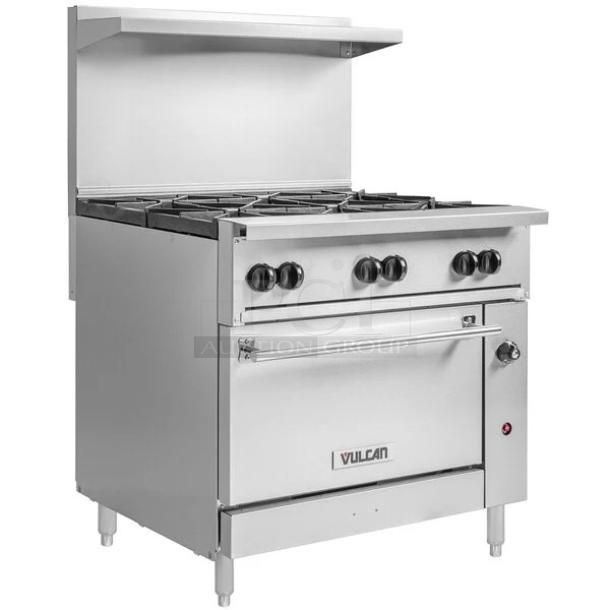 BRAND NEW! IN THE BOX! Vulcan Endurance Series Commercial Stainless Steel Natural Gas Powered 6 Burner Range & Oven Combo! With Chrome Plated Wire Oven Racks! With Back Splash & Overhead Salamander Shelf! Model: 36S-6BN SN: 482067916! With Legs! - Image 1 of 17