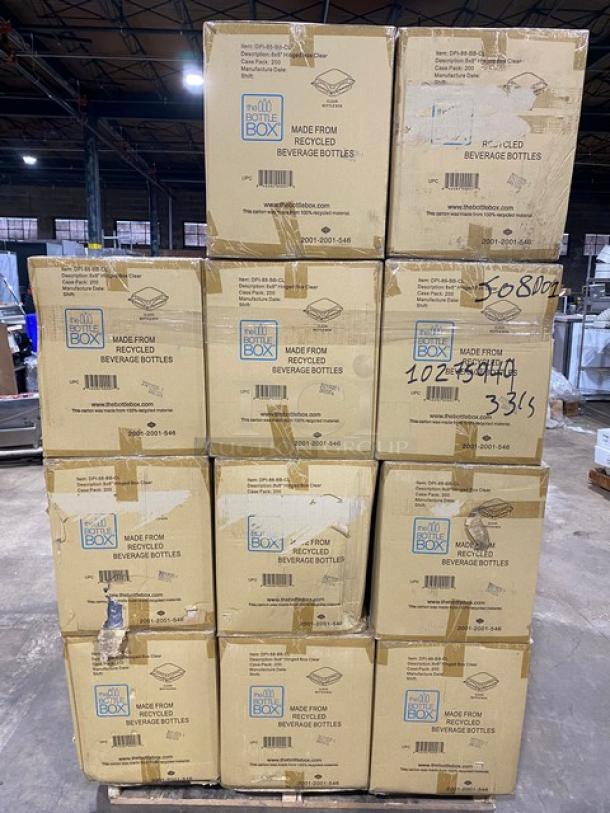 NEW! FULL PALLET! The Bottle Box Commercial Clear Stackable 8"x8" Classic Hinged Takeout Food Containers! 200 Per Case! Model: DPI-88-BB-CL! ALL NEW IN THE BOX! 33X Your Bid! - Image 1 of 7
