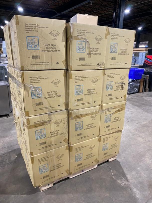 NEW! FULL PALLET! The Bottle Box Commercial Clear Stackable 8"x8" Classic Hinged Takeout Food Containers! 200 Per Case! Model: DPI-88-BB-CL! ALL NEW IN THE BOX! 33X Your Bid! - Image 2 of 7