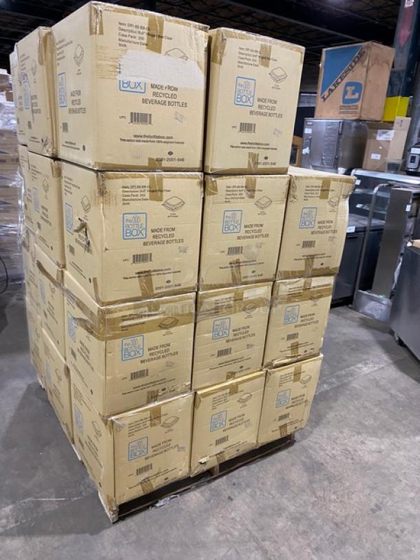 NEW! FULL PALLET! The Bottle Box Commercial Clear Stackable 8"x8" Classic Hinged Takeout Food Containers! 200 Per Case! Model: DPI-88-BB-CL! ALL NEW IN THE BOX! 33X Your Bid! - Image 3 of 7