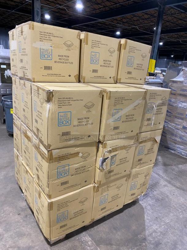 NEW! FULL PALLET! The Bottle Box Commercial Clear Stackable 8"x8" Classic Hinged Takeout Food Containers! 200 Per Case! Model: DPI-88-BB-CL! ALL NEW IN THE BOX! 33X Your Bid! - Image 4 of 7