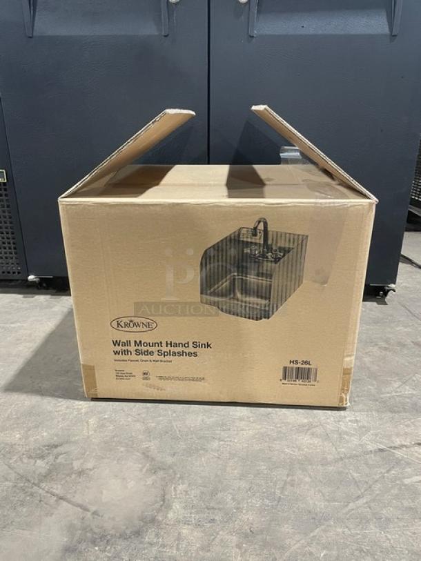 BRAND NEW! IN THE BOX! Krowne Commercial Stainless Steel Wall Mount Hand Washing Sink! With Back & Side Splashes! With Faucet & Water Lines! With Drain Basket! Model: HS-26L! - Image 1 of 9
