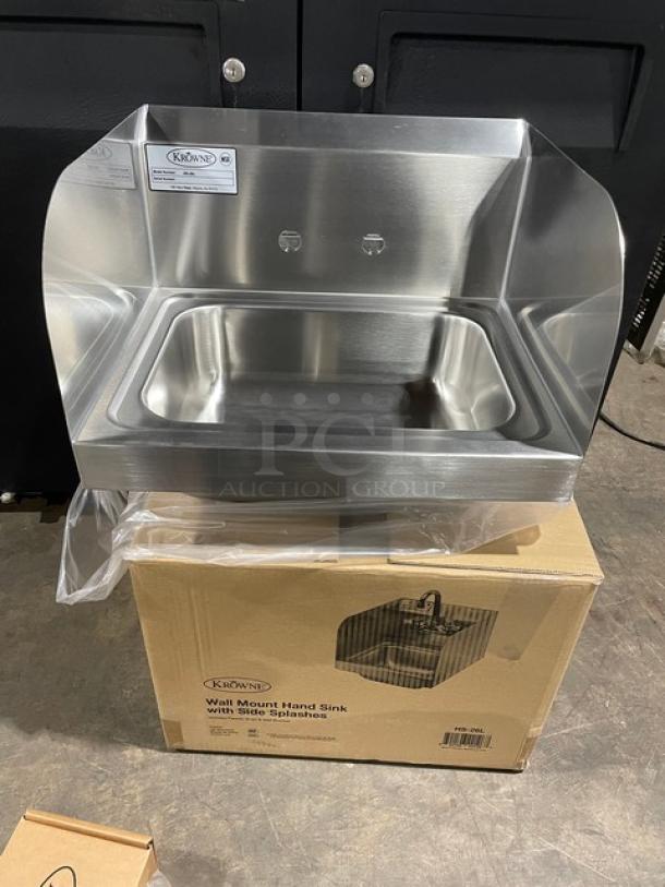 BRAND NEW! IN THE BOX! Krowne Commercial Stainless Steel Wall Mount Hand Washing Sink! With Back & Side Splashes! With Faucet & Water Lines! With Drain Basket! Model: HS-26L! - Image 2 of 9