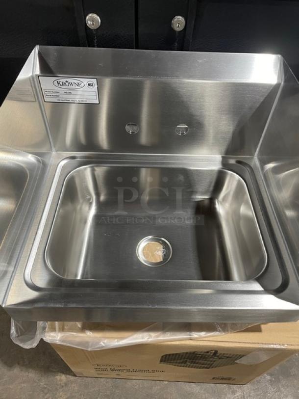 BRAND NEW! IN THE BOX! Krowne Commercial Stainless Steel Wall Mount Hand Washing Sink! With Back & Side Splashes! With Faucet & Water Lines! With Drain Basket! Model: HS-26L! - Image 3 of 9