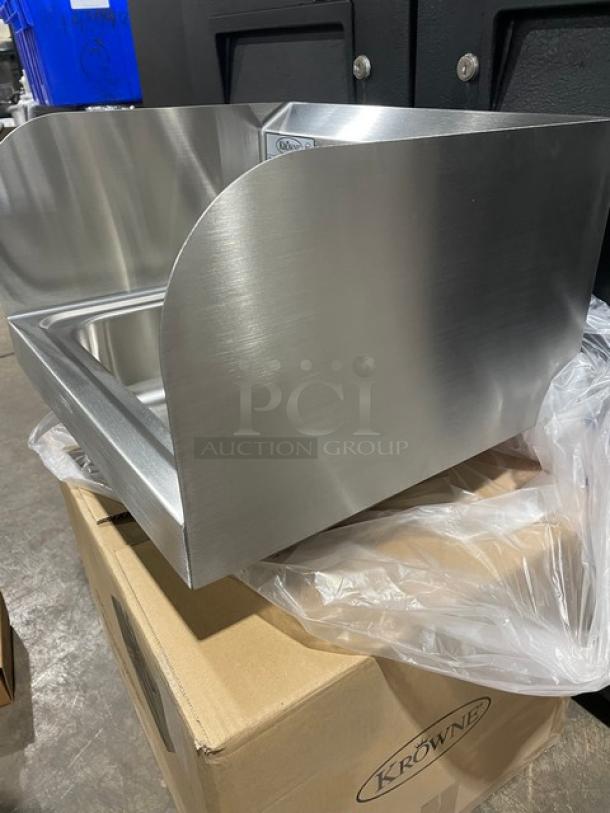 BRAND NEW! IN THE BOX! Krowne Commercial Stainless Steel Wall Mount Hand Washing Sink! With Back & Side Splashes! With Faucet & Water Lines! With Drain Basket! Model: HS-26L! - Image 5 of 9