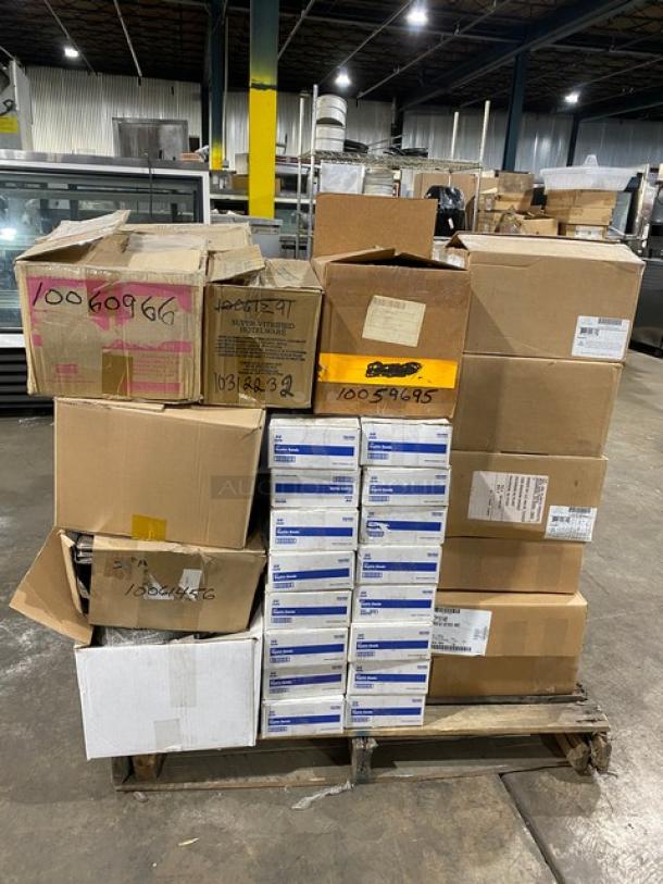 NEW! MIXED PALLET! G.E.T. Enterprises Commercial White Melamine Insert Pans! Model: ML-28-W! With Churchill China Super Vitrified Series Commercial Hotel Ware! Model: ST6 5NZ! With Royal Commercial Kraft Napkin Bands! Model: RNB4MNK! With Cambro Commercial White Polypropylene Round 1.5 Qt. Crock With Lids! Model: CP15148! With Cal-Mil Commercial Mid-Century Flatware Holder/Organizers! Model: 3700-49! With Commercial Happy Birthday Style Placemats & Napkins Combo Pack! Model: 90162-C162! With Fineline Platter Pleasers Commercial White 10" Disposable Spatulas! Model: 3313-WH! With Winco Commercial Chrome Plated Sugar Packet Holders! Model: WH-2! With Winco Commercial Stainless Steel Steamtable/Hotel Pans! Model: SPTT2! With Corona By G.E.T. Enterprises Commercial White Porcelain Coupe Plates! & More! ALL NEW IN THE BOX! 65X Your Bid! - Image 1 of 11