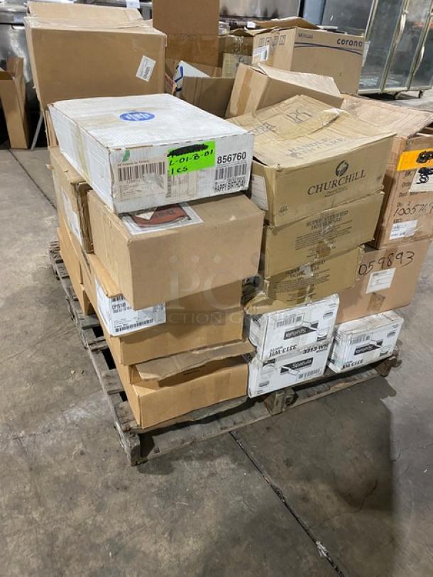 NEW! MIXED PALLET! G.E.T. Enterprises Commercial White Melamine Insert Pans! Model: ML-28-W! With Churchill China Super Vitrified Series Commercial Hotel Ware! Model: ST6 5NZ! With Royal Commercial Kraft Napkin Bands! Model: RNB4MNK! With Cambro Commercial White Polypropylene Round 1.5 Qt. Crock With Lids! Model: CP15148! With Cal-Mil Commercial Mid-Century Flatware Holder/Organizers! Model: 3700-49! With Commercial Happy Birthday Style Placemats & Napkins Combo Pack! Model: 90162-C162! With Fineline Platter Pleasers Commercial White 10" Disposable Spatulas! Model: 3313-WH! With Winco Commercial Chrome Plated Sugar Packet Holders! Model: WH-2! With Winco Commercial Stainless Steel Steamtable/Hotel Pans! Model: SPTT2! With Corona By G.E.T. Enterprises Commercial White Porcelain Coupe Plates! & More! ALL NEW IN THE BOX! 65X Your Bid! - Image 3 of 11