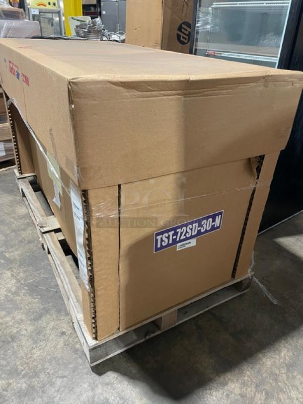 BRAND NEW! IN THE BOX! Turbo Air Super Deluxe Series Commercial Stainless Steel 3 Door Refrigerated Bain Marie Style Mega Top Sald/Sandwich Prep Table! With Poly Coated Wire Racks! With Clear Polycarbonate Food Pans! With Full Length Removable Cutting Board! Model: TST-72SD-30-N SN: H2KM730I30214! 115V 1 Phase! With Casters! - Image 3 of 14