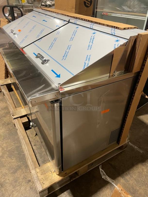 BRAND NEW! IN THE BOX! Turbo Air Super Deluxe Series Commercial Stainless Steel 3 Door Refrigerated Bain Marie Style Mega Top Sald/Sandwich Prep Table! With Poly Coated Wire Racks! With Clear Polycarbonate Food Pans! With Full Length Removable Cutting Board! Model: TST-72SD-30-N SN: H2KM730I30214! 115V 1 Phase! With Casters! - Image 5 of 14