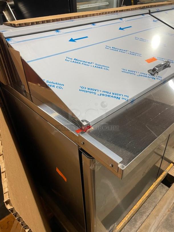 BRAND NEW! IN THE BOX! Turbo Air Super Deluxe Series Commercial Stainless Steel 3 Door Refrigerated Bain Marie Style Mega Top Sald/Sandwich Prep Table! With Poly Coated Wire Racks! With Clear Polycarbonate Food Pans! With Full Length Removable Cutting Board! Model: TST-72SD-30-N SN: H2KM730I30214! 115V 1 Phase! With Casters! - Image 7 of 14