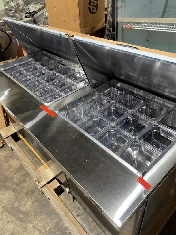 BRAND NEW! IN THE BOX! Turbo Air Super Deluxe Series Commercial Stainless Steel 3 Door Refrigerated Bain Marie Style Mega Top Sald/Sandwich Prep Table! With Poly Coated Wire Racks! With Clear Polycarbonate Food Pans! With Full Length Removable Cutting Board! Model: TST-72SD-30-N SN: H2KM730I30214! 115V 1 Phase! With Casters! - Image 8 of 14