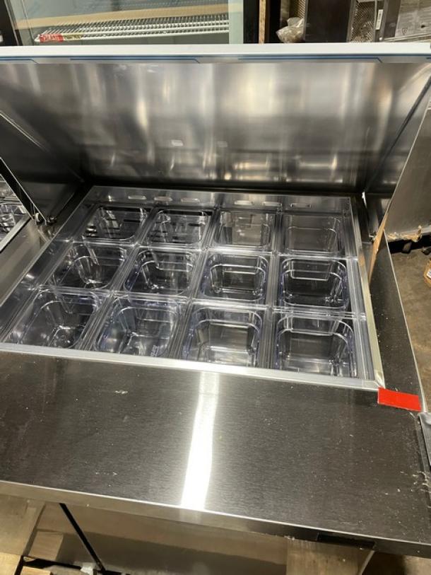 BRAND NEW! IN THE BOX! Turbo Air Super Deluxe Series Commercial Stainless Steel 3 Door Refrigerated Bain Marie Style Mega Top Sald/Sandwich Prep Table! With Poly Coated Wire Racks! With Clear Polycarbonate Food Pans! With Full Length Removable Cutting Board! Model: TST-72SD-30-N SN: H2KM730I30214! 115V 1 Phase! With Casters! - Image 9 of 14