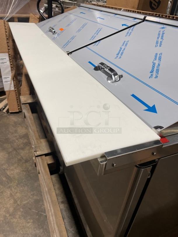 BRAND NEW! IN THE BOX! Turbo Air Super Deluxe Series Commercial Stainless Steel 3 Door Refrigerated Bain Marie Style Mega Top Sald/Sandwich Prep Table! With Poly Coated Wire Racks! With Clear Polycarbonate Food Pans! With Full Length Removable Cutting Board! Model: TST-72SD-30-N SN: H2KM730I30214! 115V 1 Phase! With Casters! - Image 14 of 14