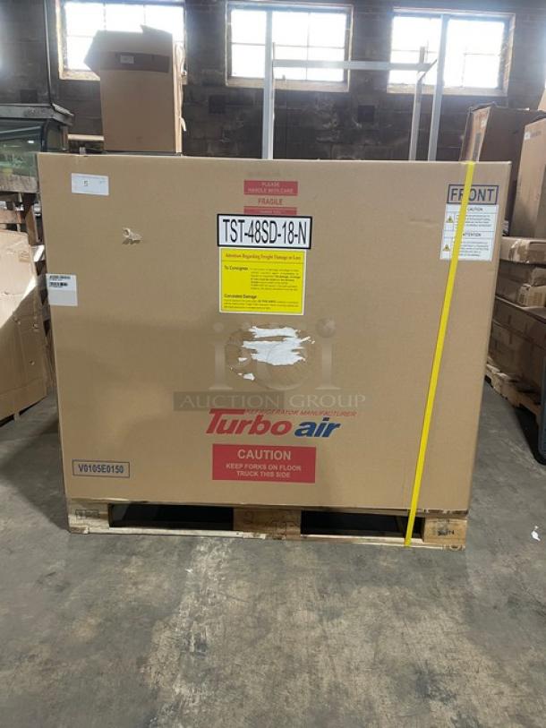 BRAND NEW! IN THE BOX! Turbo Air Super Deluxe Series Commercial Stainless Steel 2 Door Refrigerated Bain Marie Style Mega Top Sald/Sandwich Prep Table! With Chrome Plated Wire Racks! With Full Length Removable Cutting Board! With Clear Polycarbonate Food Pans! Model: TST-48SD-18-N SN: H2VTM4RI9002! 115V 1 Phase! With Casters! - Image 2 of 15