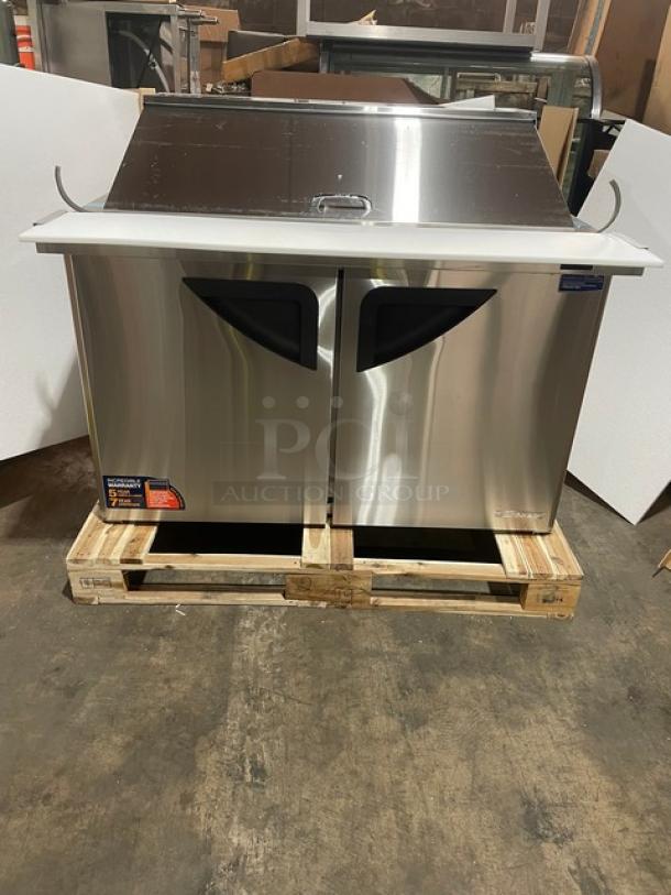 BRAND NEW! IN THE BOX! Turbo Air Super Deluxe Series Commercial Stainless Steel 2 Door Refrigerated Bain Marie Style Mega Top Sald/Sandwich Prep Table! With Chrome Plated Wire Racks! With Full Length Removable Cutting Board! With Clear Polycarbonate Food Pans! Model: TST-48SD-18-N SN: H2VTM4RI9002! 115V 1 Phase! With Casters! - Image 4 of 15