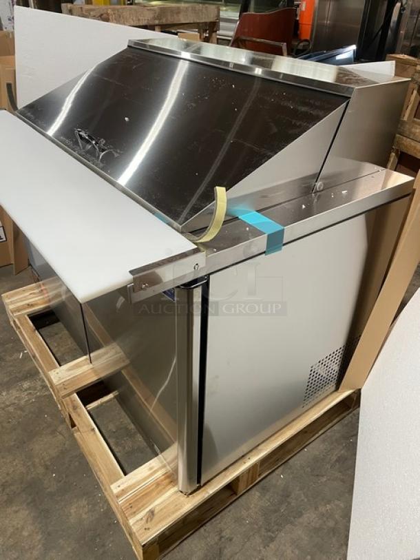 BRAND NEW! IN THE BOX! Turbo Air Super Deluxe Series Commercial Stainless Steel 2 Door Refrigerated Bain Marie Style Mega Top Sald/Sandwich Prep Table! With Chrome Plated Wire Racks! With Full Length Removable Cutting Board! With Clear Polycarbonate Food Pans! Model: TST-48SD-18-N SN: H2VTM4RI9002! 115V 1 Phase! With Casters! - Image 5 of 15