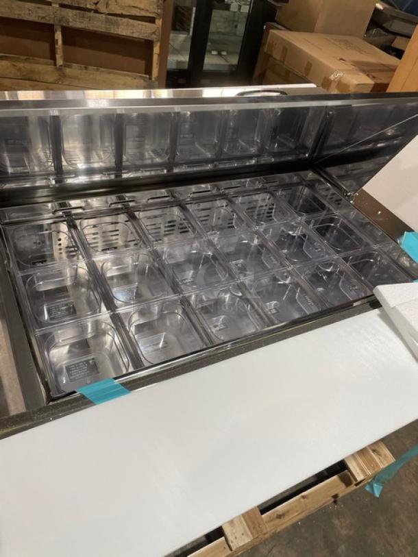 BRAND NEW! IN THE BOX! Turbo Air Super Deluxe Series Commercial Stainless Steel 2 Door Refrigerated Bain Marie Style Mega Top Sald/Sandwich Prep Table! With Chrome Plated Wire Racks! With Full Length Removable Cutting Board! With Clear Polycarbonate Food Pans! Model: TST-48SD-18-N SN: H2VTM4RI9002! 115V 1 Phase! With Casters! - Image 8 of 15