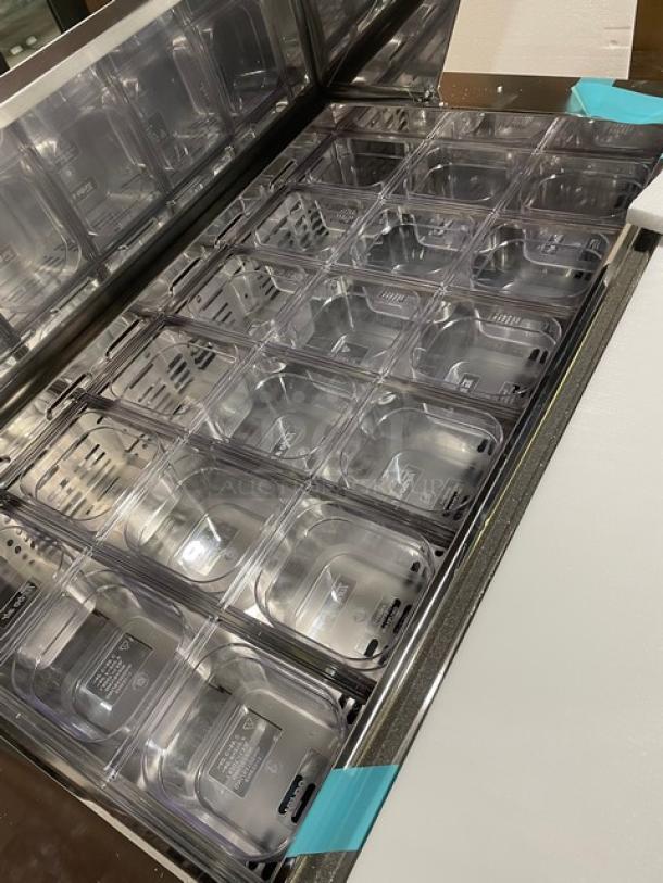 BRAND NEW! IN THE BOX! Turbo Air Super Deluxe Series Commercial Stainless Steel 2 Door Refrigerated Bain Marie Style Mega Top Sald/Sandwich Prep Table! With Chrome Plated Wire Racks! With Full Length Removable Cutting Board! With Clear Polycarbonate Food Pans! Model: TST-48SD-18-N SN: H2VTM4RI9002! 115V 1 Phase! With Casters! - Image 9 of 15
