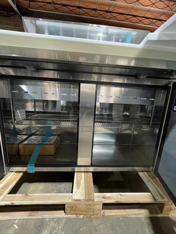 BRAND NEW! IN THE BOX! Turbo Air Super Deluxe Series Commercial Stainless Steel 2 Door Refrigerated Bain Marie Style Mega Top Sald/Sandwich Prep Table! With Chrome Plated Wire Racks! With Full Length Removable Cutting Board! With Clear Polycarbonate Food Pans! Model: TST-48SD-18-N SN: H2VTM4RI9002! 115V 1 Phase! With Casters! - Image 10 of 15