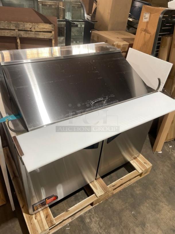BRAND NEW! IN THE BOX! Turbo Air Super Deluxe Series Commercial Stainless Steel 2 Door Refrigerated Bain Marie Style Mega Top Sald/Sandwich Prep Table! With Chrome Plated Wire Racks! With Full Length Removable Cutting Board! With Clear Polycarbonate Food Pans! Model: TST-48SD-18-N SN: H2VTM4RI9002! 115V 1 Phase! With Casters! - Image 15 of 15