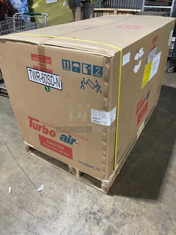 BRAND NEW! IN THE BOX! Turbo Air Super Deluxe Series Commercial Stainless Steel 2 Door Refrigerated Worktop Cooler! With Back Splash! With Chrome Plated Wire Racks! With Lock & Keys! Model: TWR-60SD-N SN: H2VTU6RI1005! 115V 1 Phase! With Casters! - Image 3 of 12