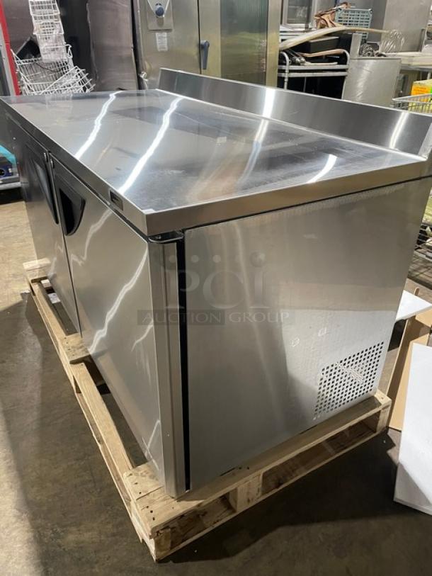 BRAND NEW! IN THE BOX! Turbo Air Super Deluxe Series Commercial Stainless Steel 2 Door Refrigerated Worktop Cooler! With Back Splash! With Chrome Plated Wire Racks! With Lock & Keys! Model: TWR-60SD-N SN: H2VTU6RI1005! 115V 1 Phase! With Casters! - Image 5 of 12