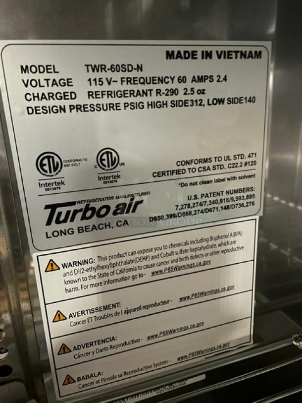 BRAND NEW! IN THE BOX! Turbo Air Super Deluxe Series Commercial Stainless Steel 2 Door Refrigerated Worktop Cooler! With Back Splash! With Chrome Plated Wire Racks! With Lock & Keys! Model: TWR-60SD-N SN: H2VTU6RI1005! 115V 1 Phase! With Casters! - Image 11 of 12