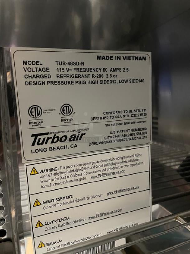BRAND NEW! IN THE BOX! Turbo Air Super Deluxe Series Commercial Stainless Steel 2 Door Undercounter Reach In Refrigerator! With Chrome Plated Wire Racks! With Lock & Keys! Model: TUR-48SD-N SN: H2VTU4RIX001! 115V 1 Phase! With Casters! - Image 11 of 13
