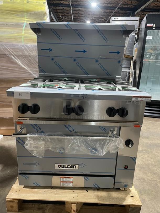 BRAND NEW! IN THE BOX! Vulcan Endurance Series Commercial Stainless Steel Natural Gas Powered 6 Burner Range & Oven Combo! With Chrome Plated Wire Oven Racks! With Back Splash & Overhead Salamander Shelf! Model: 36S-6BN SN: 482067916! With Legs! - Image 2 of 17