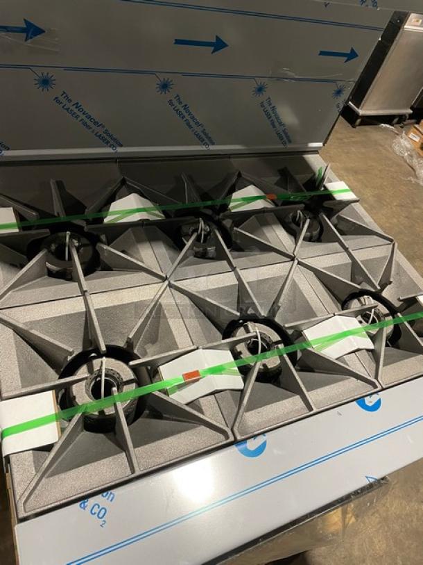 BRAND NEW! IN THE BOX! Vulcan Endurance Series Commercial Stainless Steel Natural Gas Powered 6 Burner Range & Oven Combo! With Chrome Plated Wire Oven Racks! With Back Splash & Overhead Salamander Shelf! Model: 36S-6BN SN: 482067916! With Legs! - Image 6 of 17